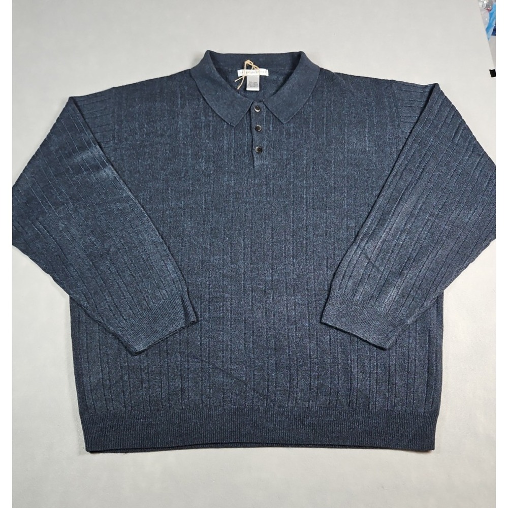 Geoffrey Beene Mens Blue Ribbed Knit Pullover Polo Sweater Size XXL